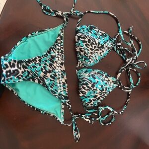 Aqua and black cheetah string bikini